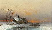 Winter picture with cabin at a river